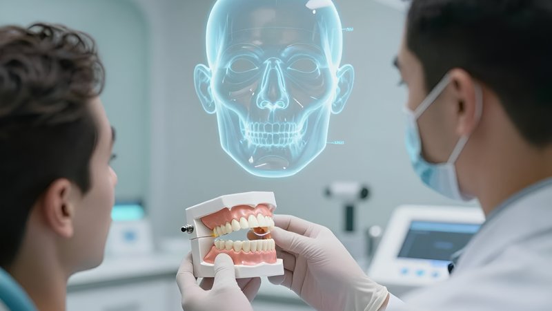 Стоматолог с моделью коронки у голографического челюстного сустава для реабилитации прикуса керамическими коронками 2026