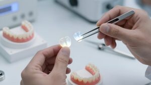 Зубной техник сравнивает диоксид циркония и E-max в современной стерильной лаборатории